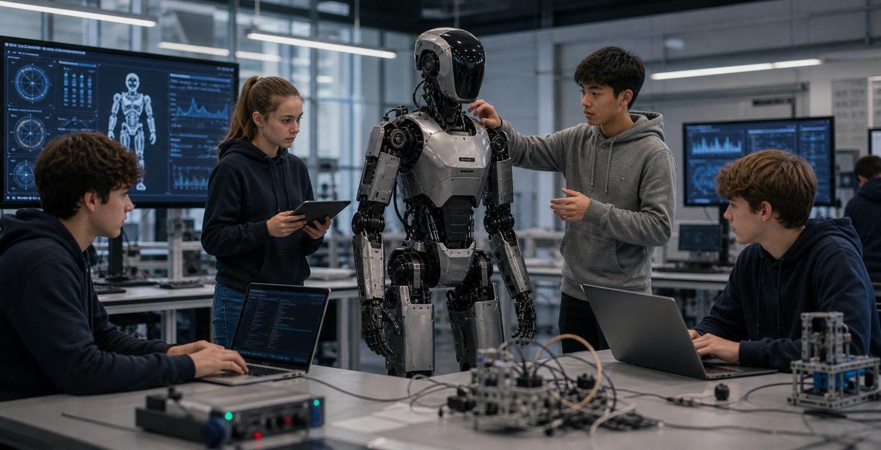 Students working with a humanoid robotics platform in the iCode Cherry Creek robotics lab