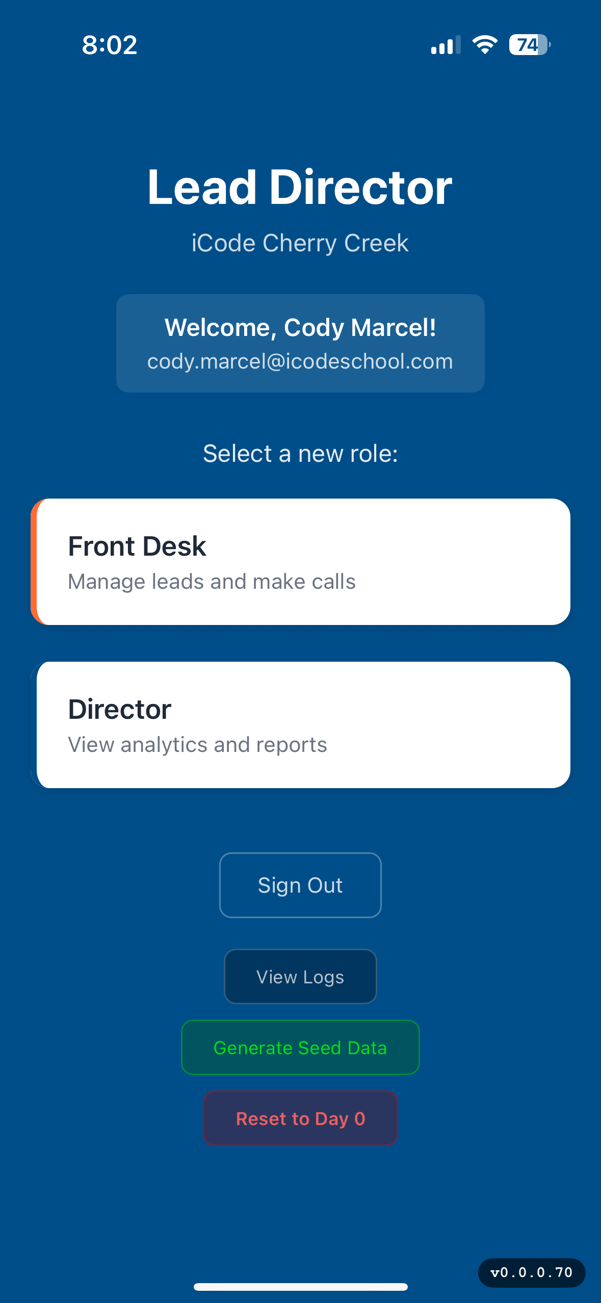 Actual Android Lead Director role selection screen