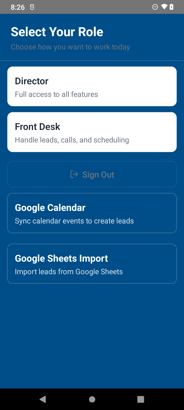 Actual role selection screen with Google Calendar plugin card