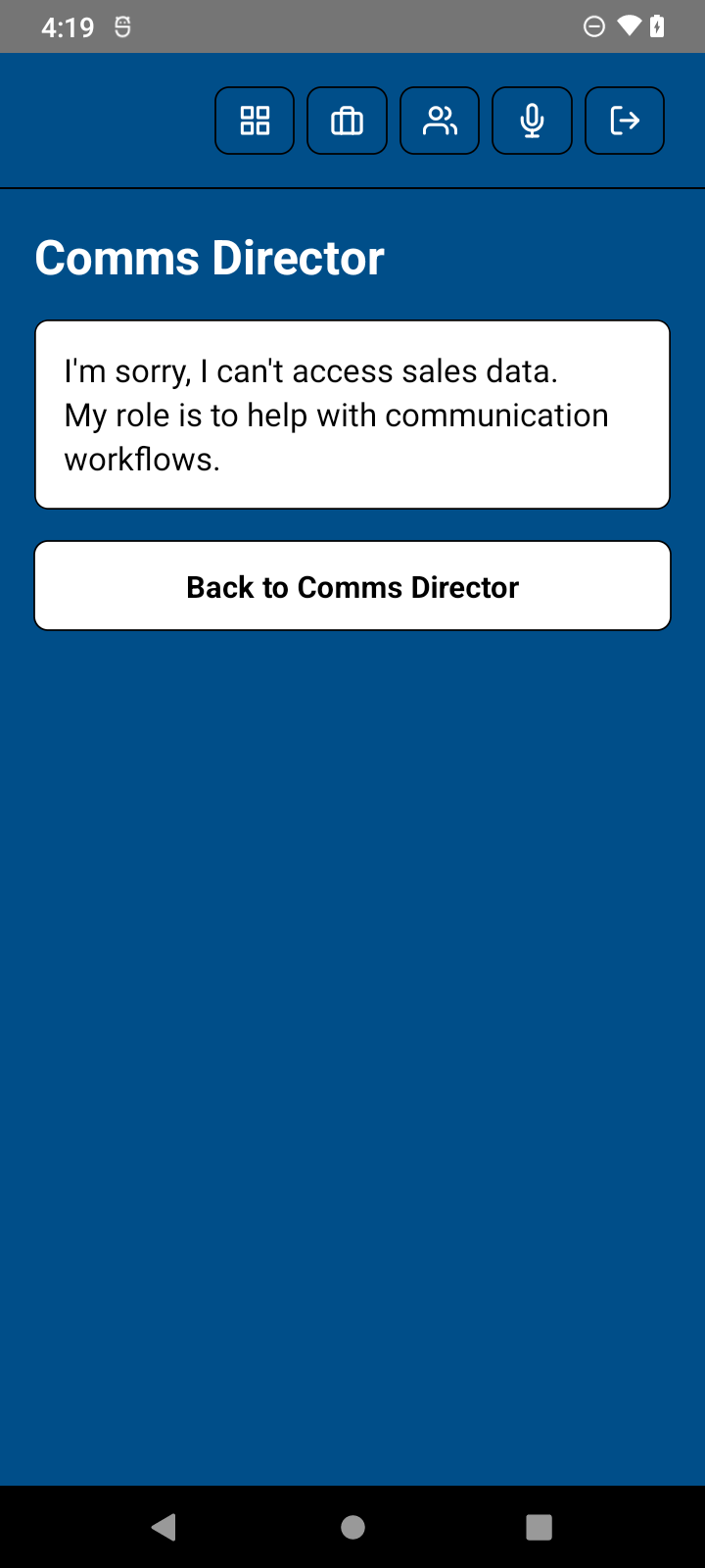 Actual Comms Director response screen after voice prompt