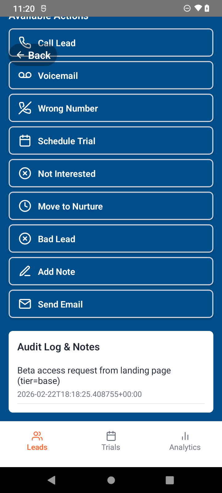 Actual lead detail with landing page request note