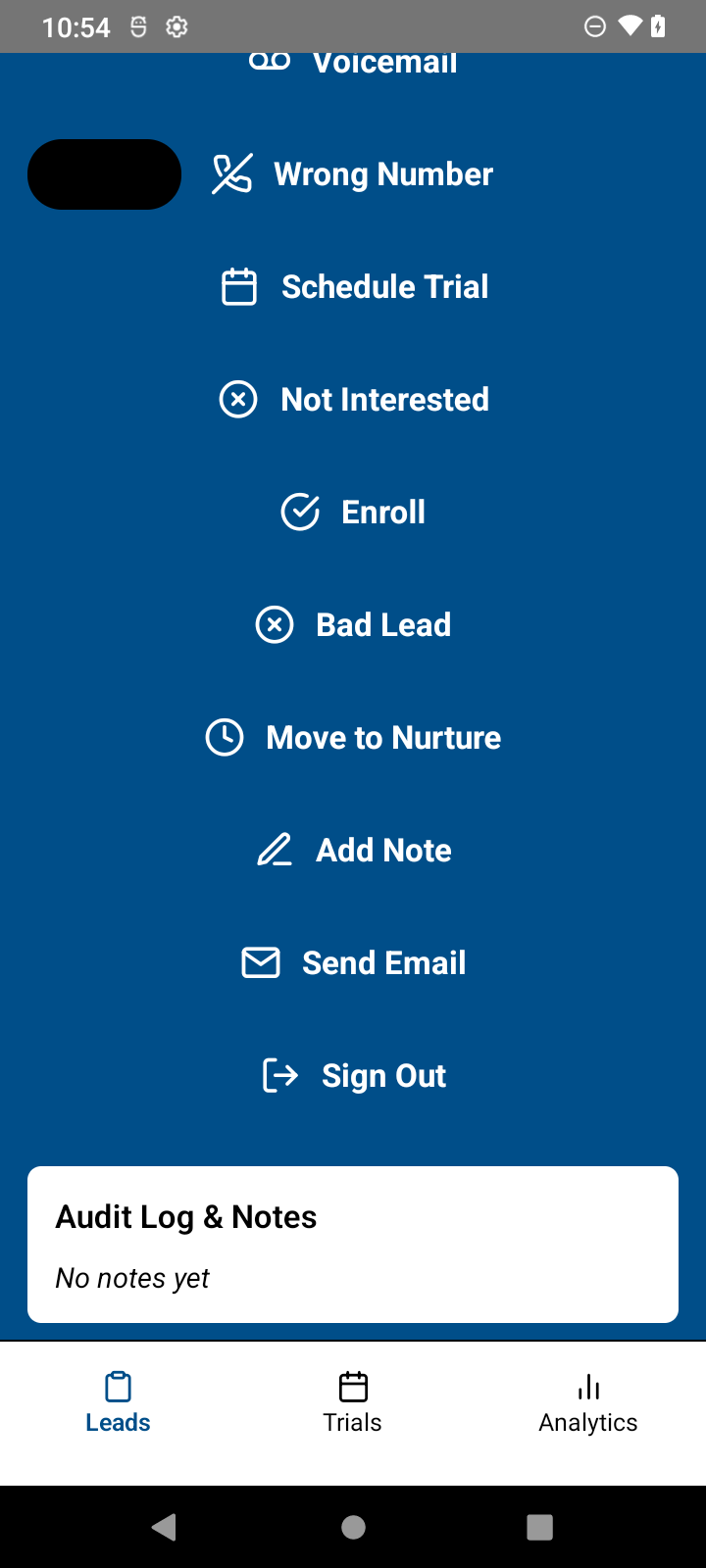 Actual lead action list showing Add Note and Send Email